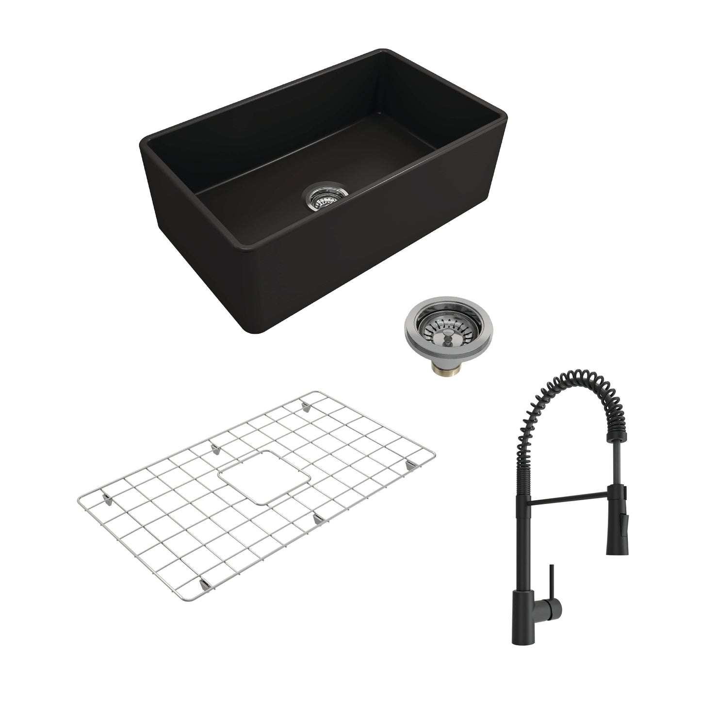 BOCCHI CLASSICO 30" Fireclay Kitchen Sink with Protective Bottom Grid and Strainer with Livenza 2.0 Faucet