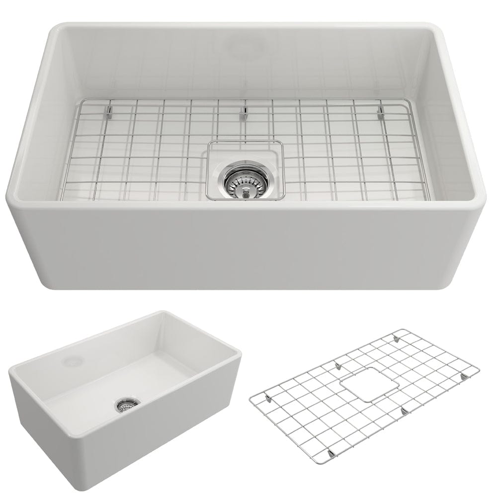 BOCCHI CLASSICO 30" Fireclay Farmhouse Single Bowl Kitchen Sink with Protective Bottom Grid and Strainer top view and accessories