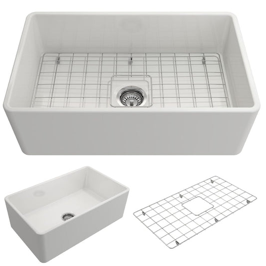 BOCCHI CLASSICO 30" Fireclay Farmhouse Single Bowl Kitchen Sink with Protective Bottom Grid and Strainer top view and accessories