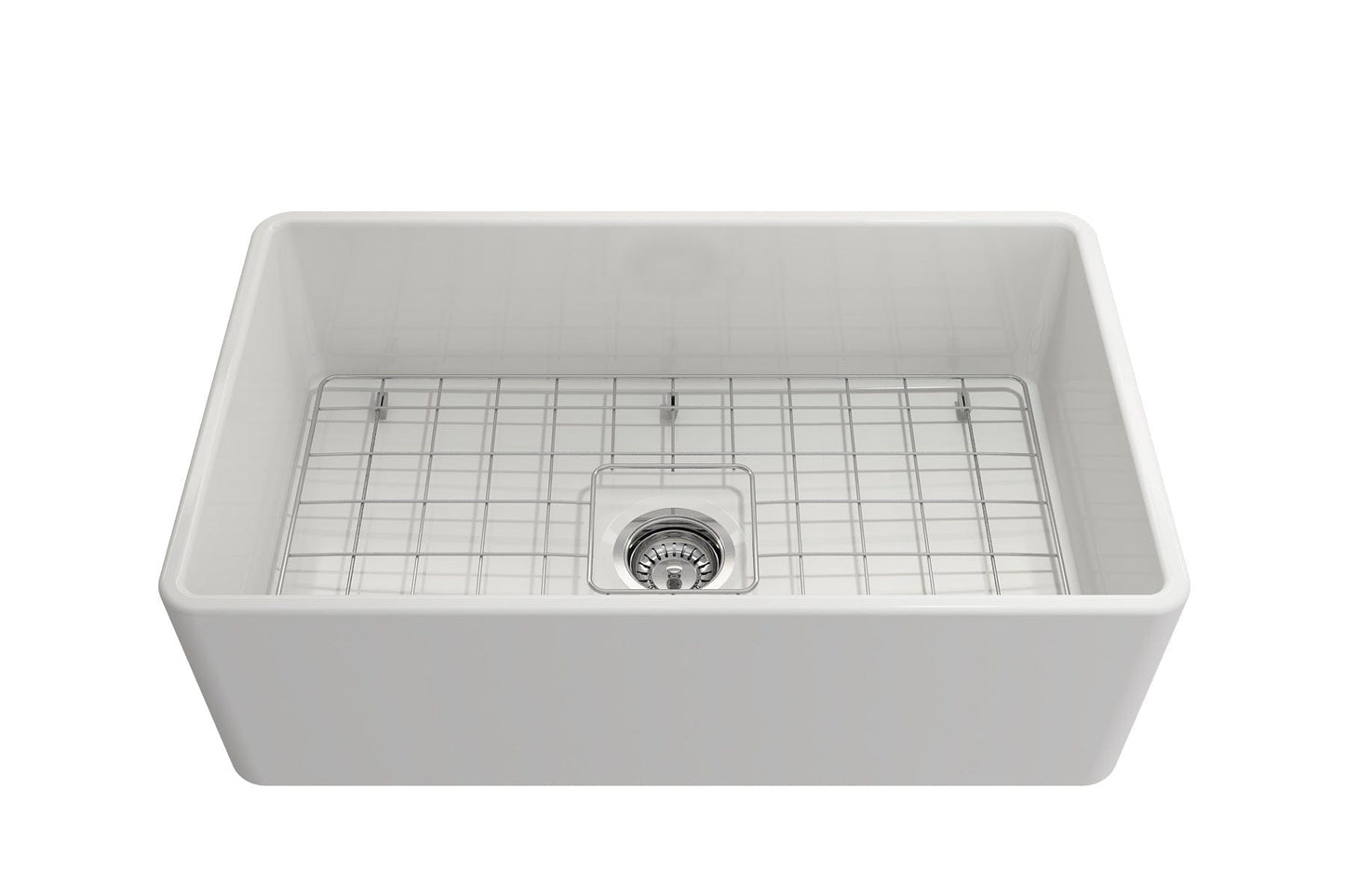Top view of BOCCHI CLASSICO 30" Fireclay Farmhouse Single Bowl Kitchen Sink with Protective Bottom Grid and Strainer in white.