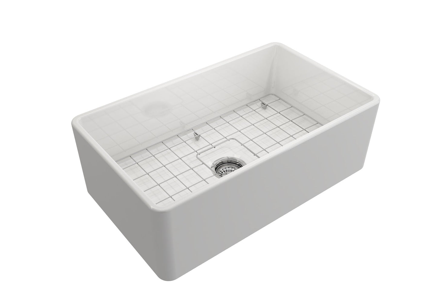 BOCCHI CLASSICO 30" Fireclay Farmhouse Single Bowl Kitchen Sink with Protective Bottom Grid and Strainer, white finish, top view.