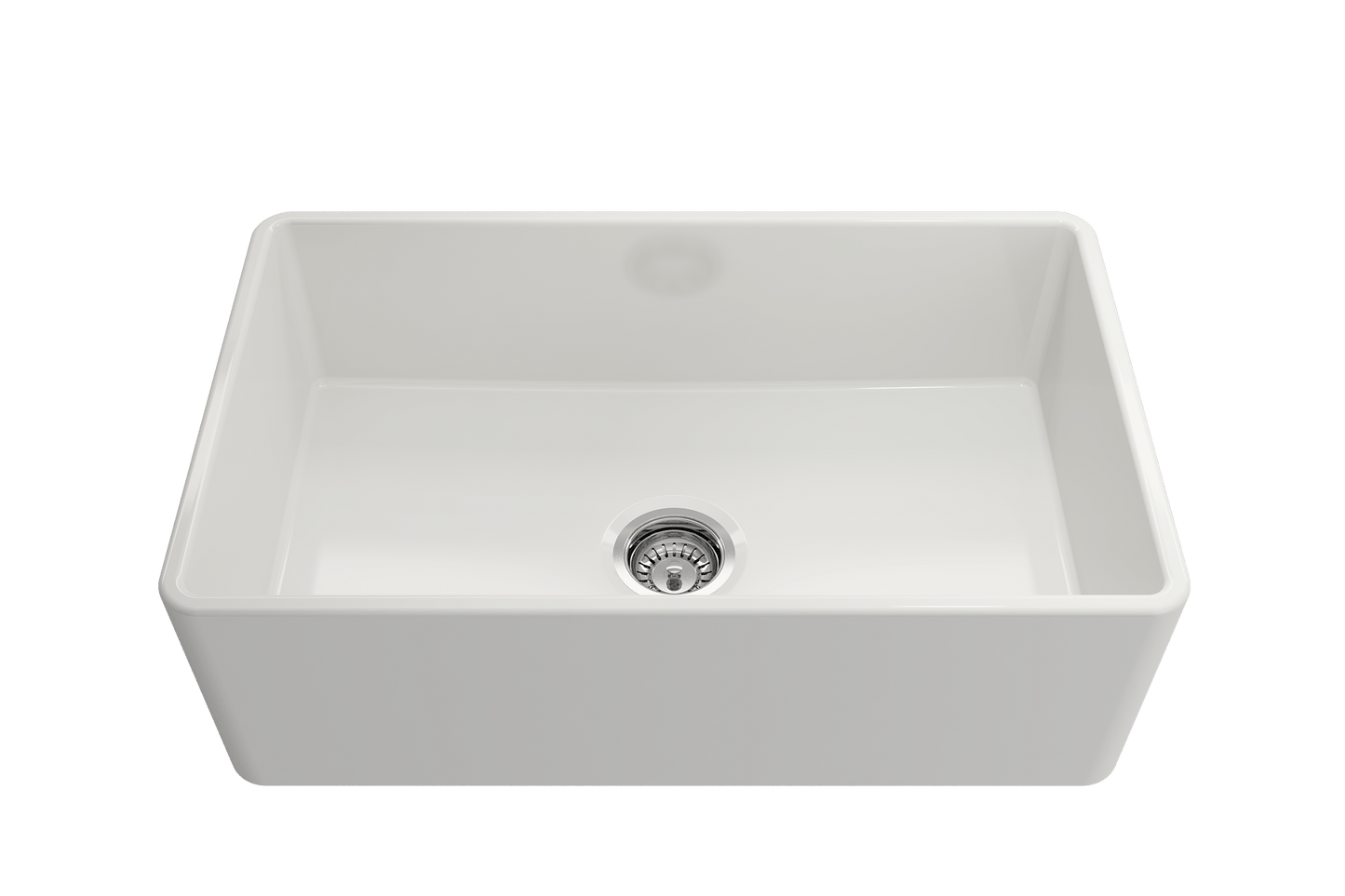 Top view of BOCCHI CLASSICO 30" Fireclay Farmhouse Single Bowl Kitchen Sink with Protective Bottom Grid and Strainer in white.