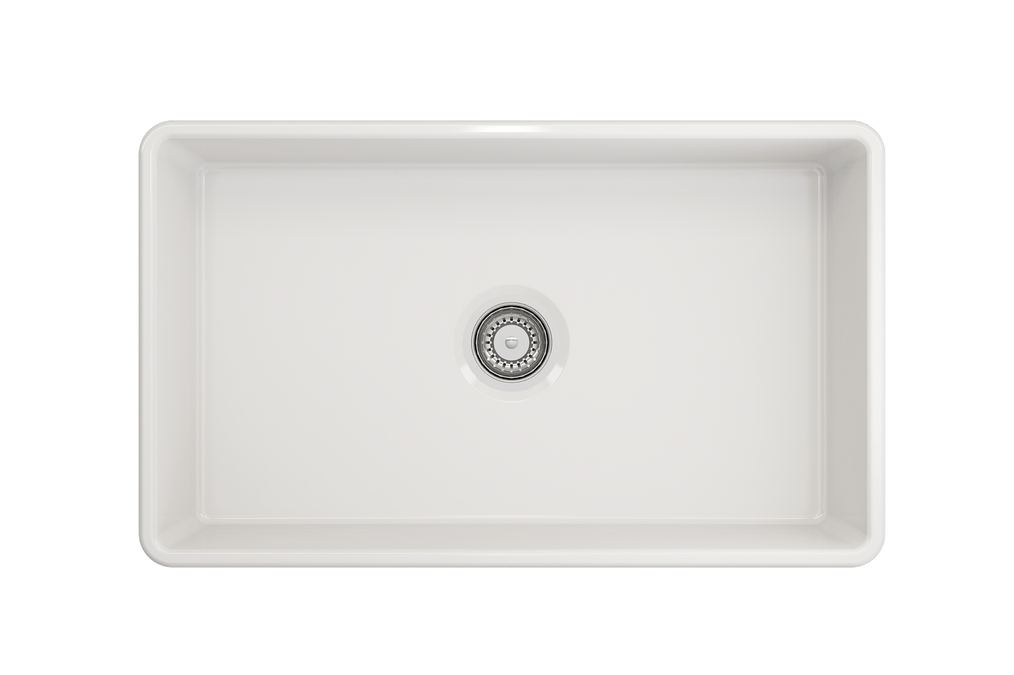 Top view of BOCCHI CLASSICO 30" Fireclay Farmhouse Single Bowl Kitchen Sink with Protective Bottom Grid and Strainer in white.