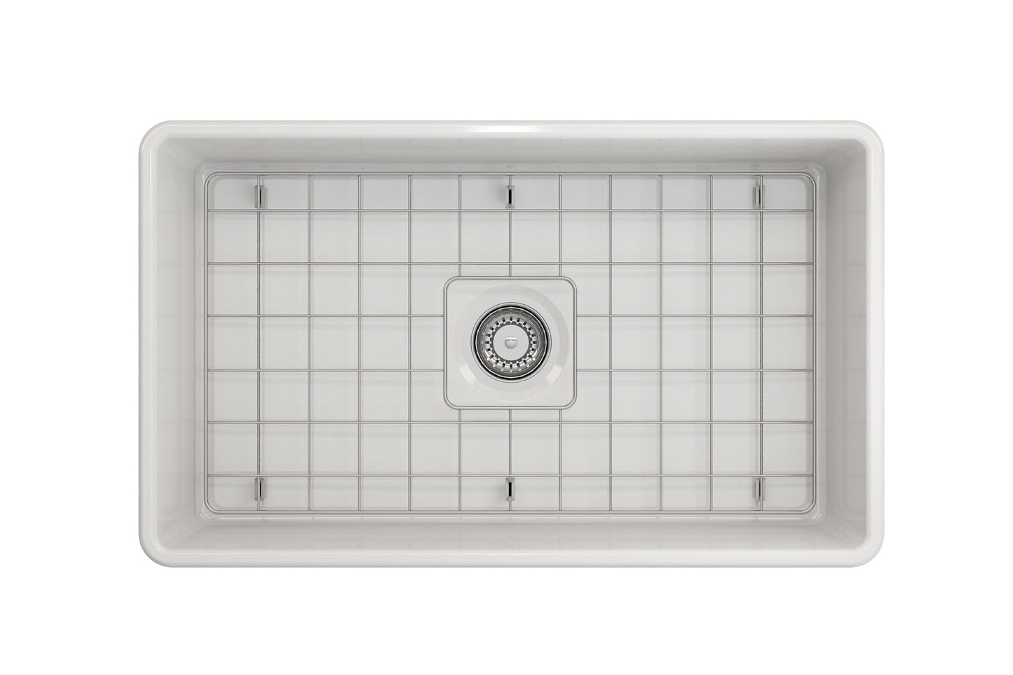 Top view of BOCCHI CLASSICO 30" Fireclay Farmhouse Single Bowl Kitchen Sink with Protective Bottom Grid and Strainer.