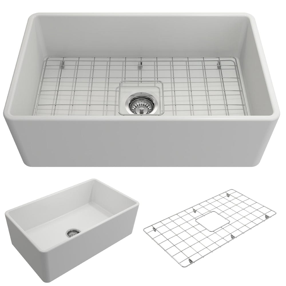 BOCCHI CLASSICO 30" Fireclay Farmhouse Single Bowl Kitchen Sink with Protective Bottom Grid and Strainer top view in white.