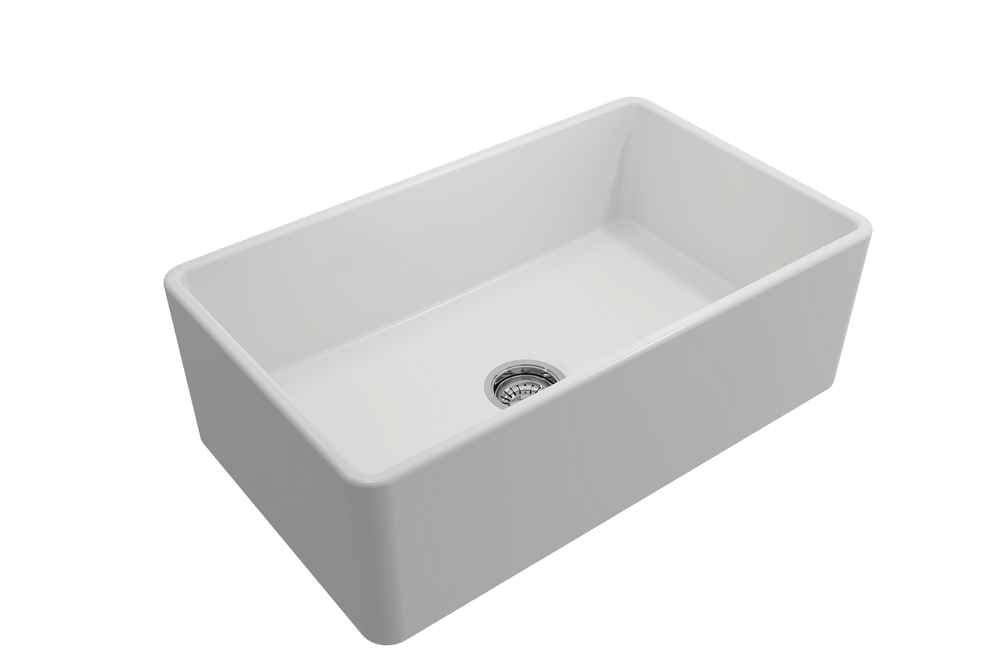 BOCCHI CLASSICO 30" Fireclay Farmhouse Single Bowl Kitchen Sink with Protective Bottom Grid and Strainer, front right view, white finish.