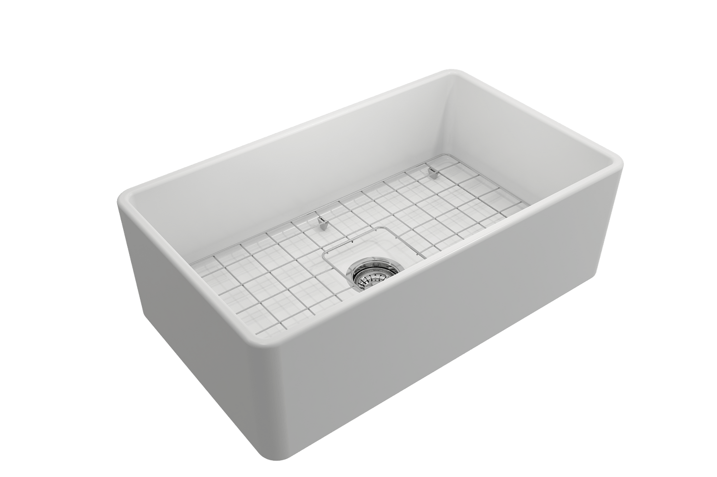 BOCCHI CLASSICO 30" Fireclay Farmhouse Single Bowl Kitchen Sink with Protective Bottom Grid and Strainer - top view with grid
