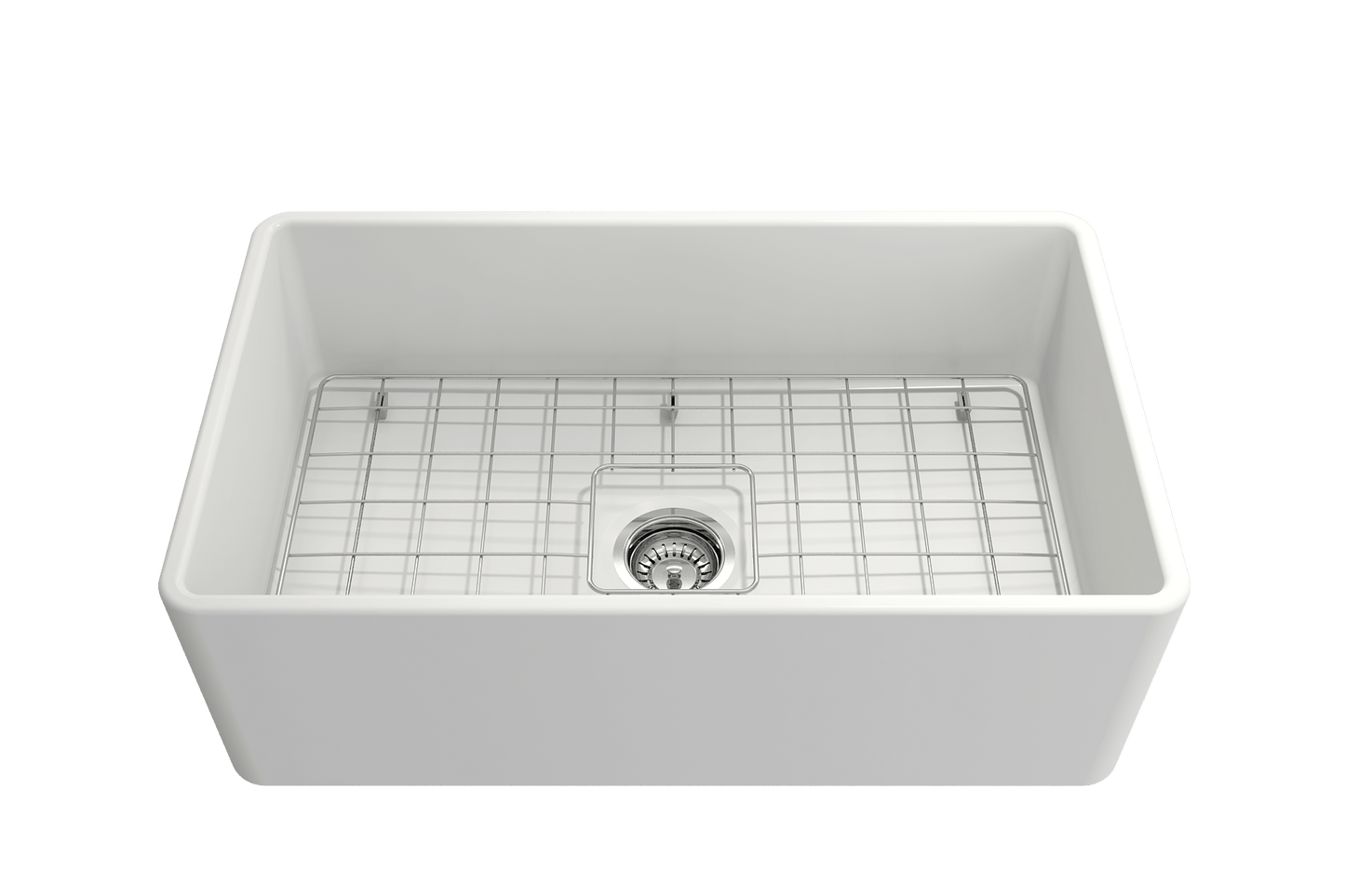 BOCCHI CLASSICO 30" Fireclay Farmhouse Single Bowl Kitchen Sink with Protective Bottom Grid and Strainer, top view, white finish