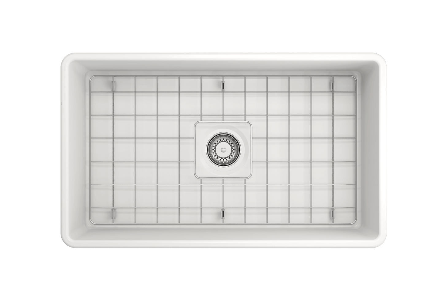 Top view of BOCCHI CLASSICO 30" Fireclay Farmhouse Single Bowl Kitchen Sink with Protective Bottom Grid and Strainer.