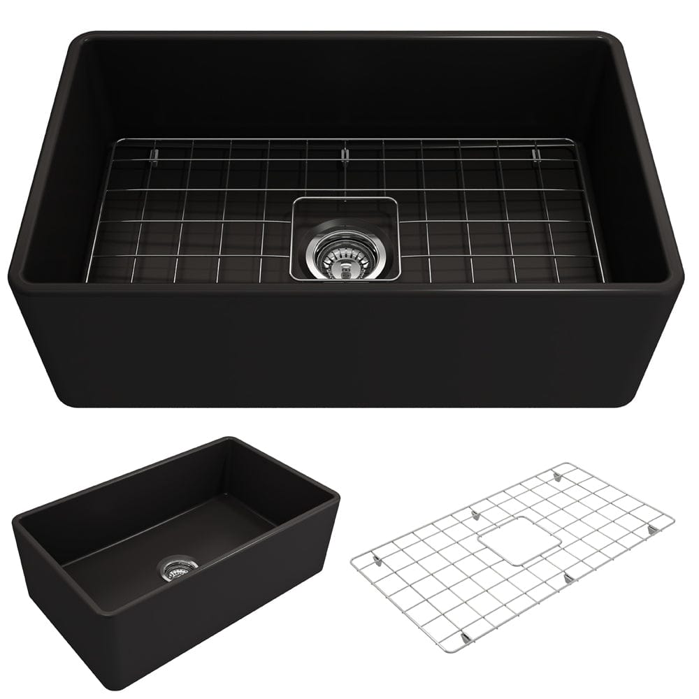 BOCCHI CLASSICO 30" Fireclay Farmhouse Single Bowl Kitchen Sink with Protective Bottom Grid and Strainer in matte black finish, top view.