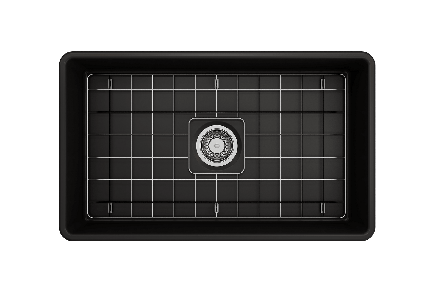 BOCCHI CLASSICO 30" Fireclay Farmhouse Single Bowl Kitchen Sink with Protective Bottom Grid and Strainer - black color top view.