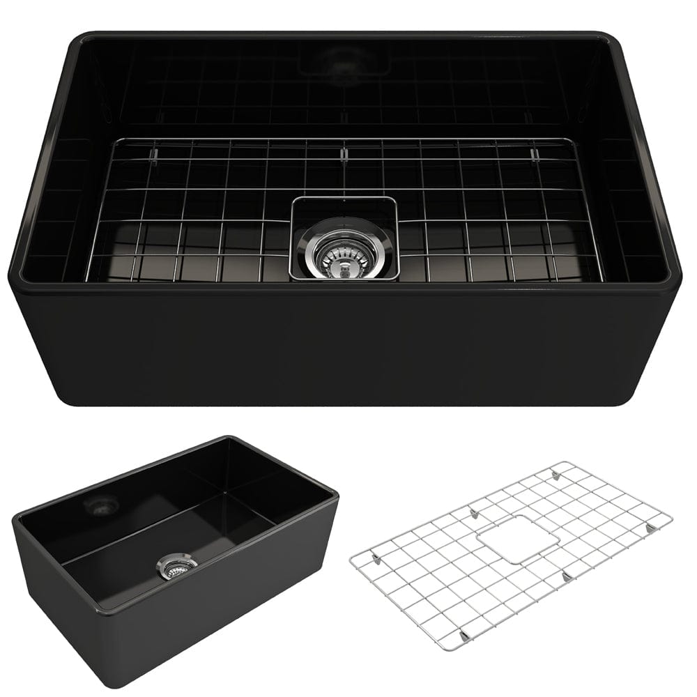 BOCCHI CLASSICO 30" Fireclay Farmhouse Single Bowl Kitchen Sink with Protective Bottom Grid and Strainer in black top view