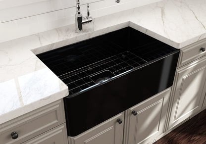 BOCCHI CLASSICO 30" Fireclay Farmhouse Single Bowl Kitchen Sink with Protective Bottom Grid and Strainer top view black color
