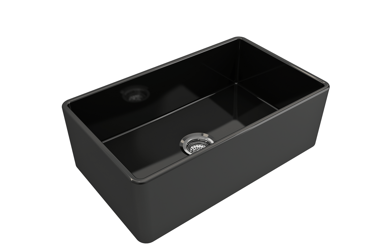 BOCCHI CLASSICO 30" Fireclay Farmhouse Single Bowl Kitchen Sink with Protective Bottom Grid and Strainer, front angled view in black finish.