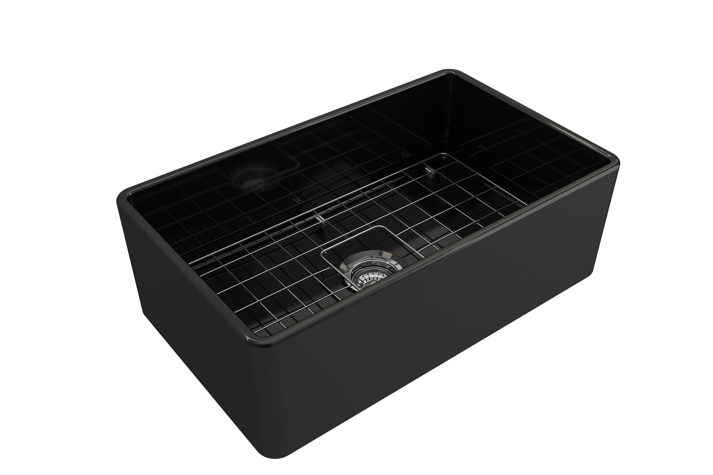 BOCCHI CLASSICO 30" Fireclay Farmhouse Single Bowl Kitchen Sink with Protective Bottom Grid and Strainer in black, right side view.