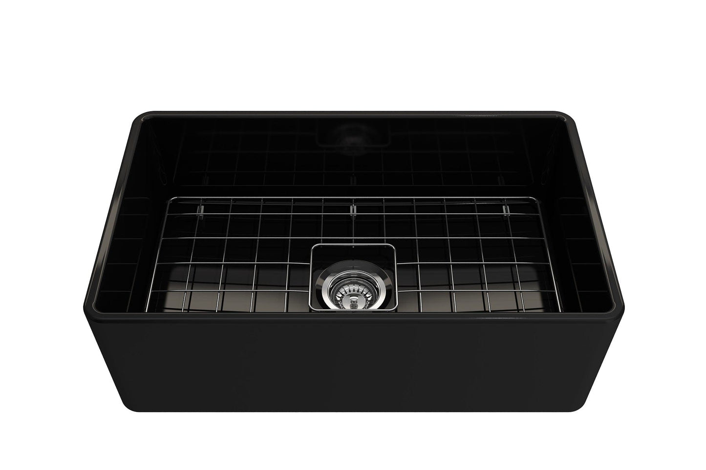 BOCCHI CLASSICO 30" Fireclay Farmhouse Single Bowl Kitchen Sink with Protective Bottom Grid and Strainer in black, top view.