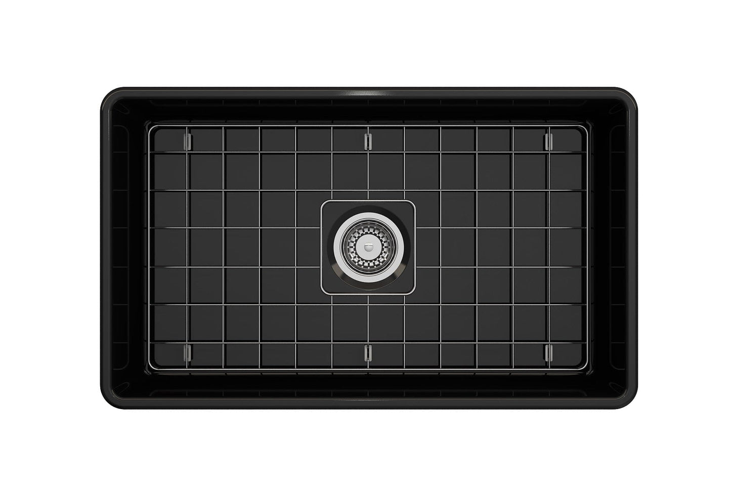 Top view of BOCCHI CLASSICO 30" Fireclay Farmhouse Single Bowl Kitchen Sink with Protective Bottom Grid and Strainer in black.