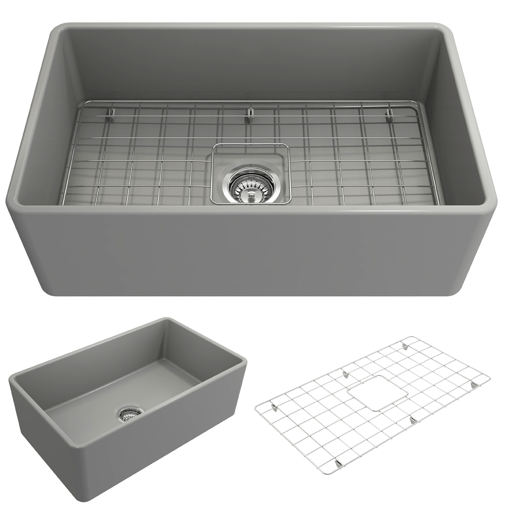 BOCCHI CLASSICO 30" Fireclay Farmhouse Single Bowl Kitchen Sink with Protective Bottom Grid and Strainer - right side view in gray finish.