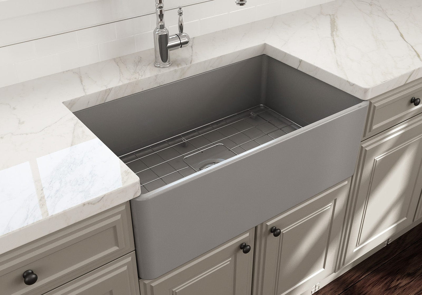 BOCCHI CLASSICO 30" Fireclay Farmhouse Single Bowl Kitchen Sink with Protective Bottom Grid and Strainer in Matte Gray from a top perspective.