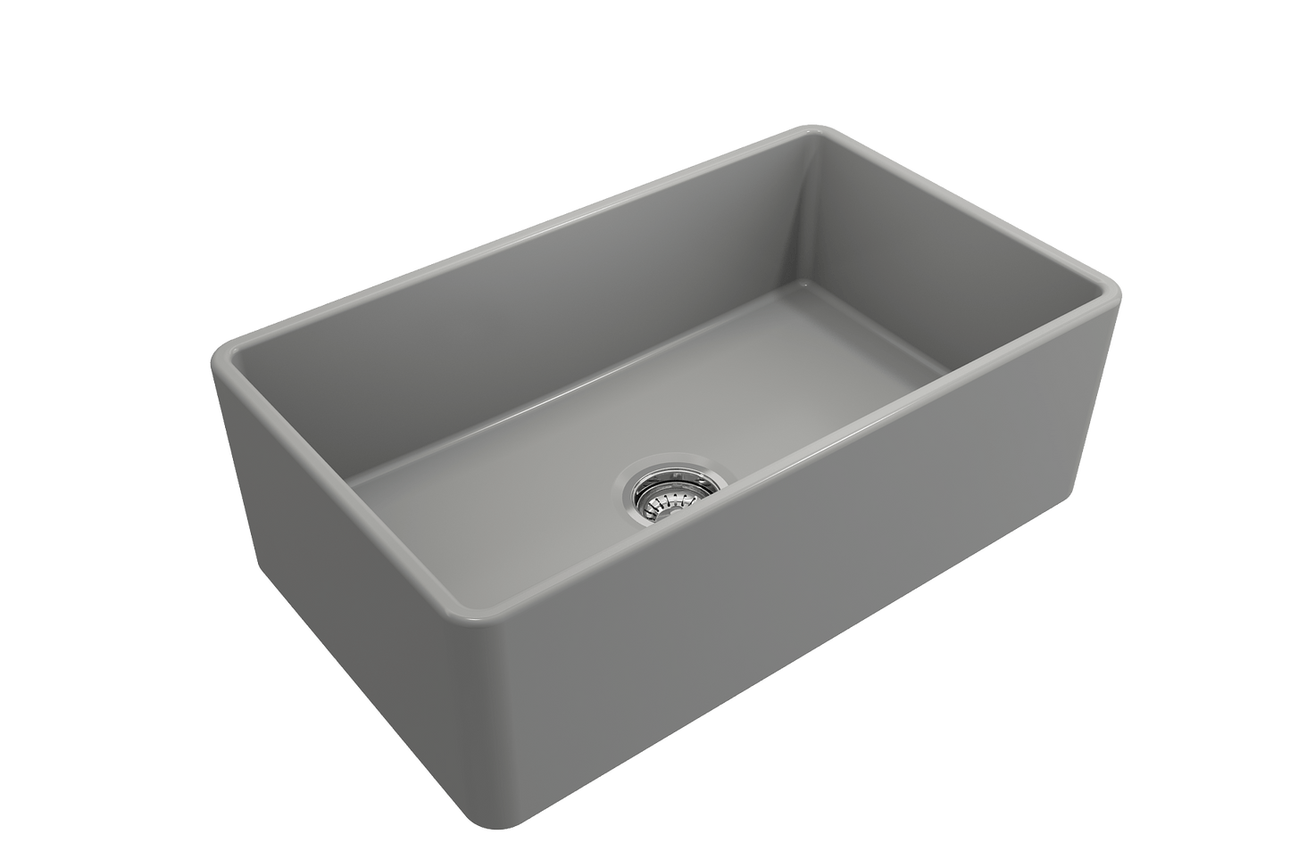 BOCCHI CLASSICO 30" Fireclay Farmhouse Single Bowl Kitchen Sink with Protective Bottom Grid and Strainer in light gray finish, right side view.