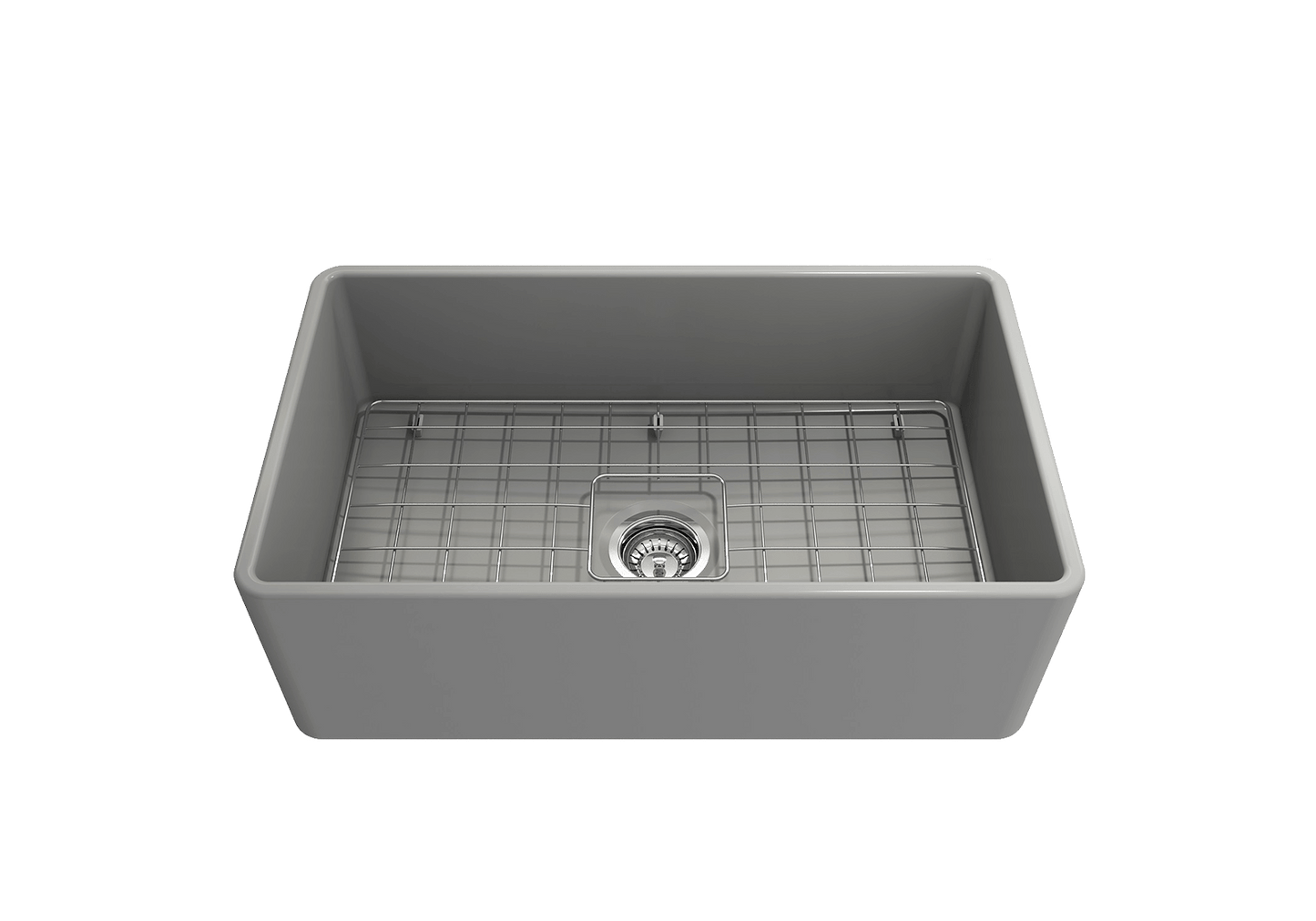 BOCCHI CLASSICO 30" Fireclay Farmhouse Single Bowl Kitchen Sink with Protective Bottom Grid and Strainer - top view in grey.
