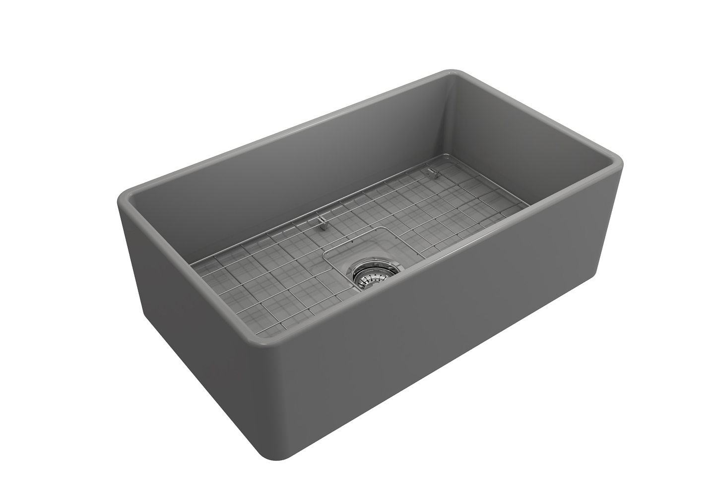 BOCCHI CLASSICO 30" Fireclay Farmhouse Single Bowl Kitchen Sink with Protective Bottom Grid and Strainer, front right side view, gray finish.
