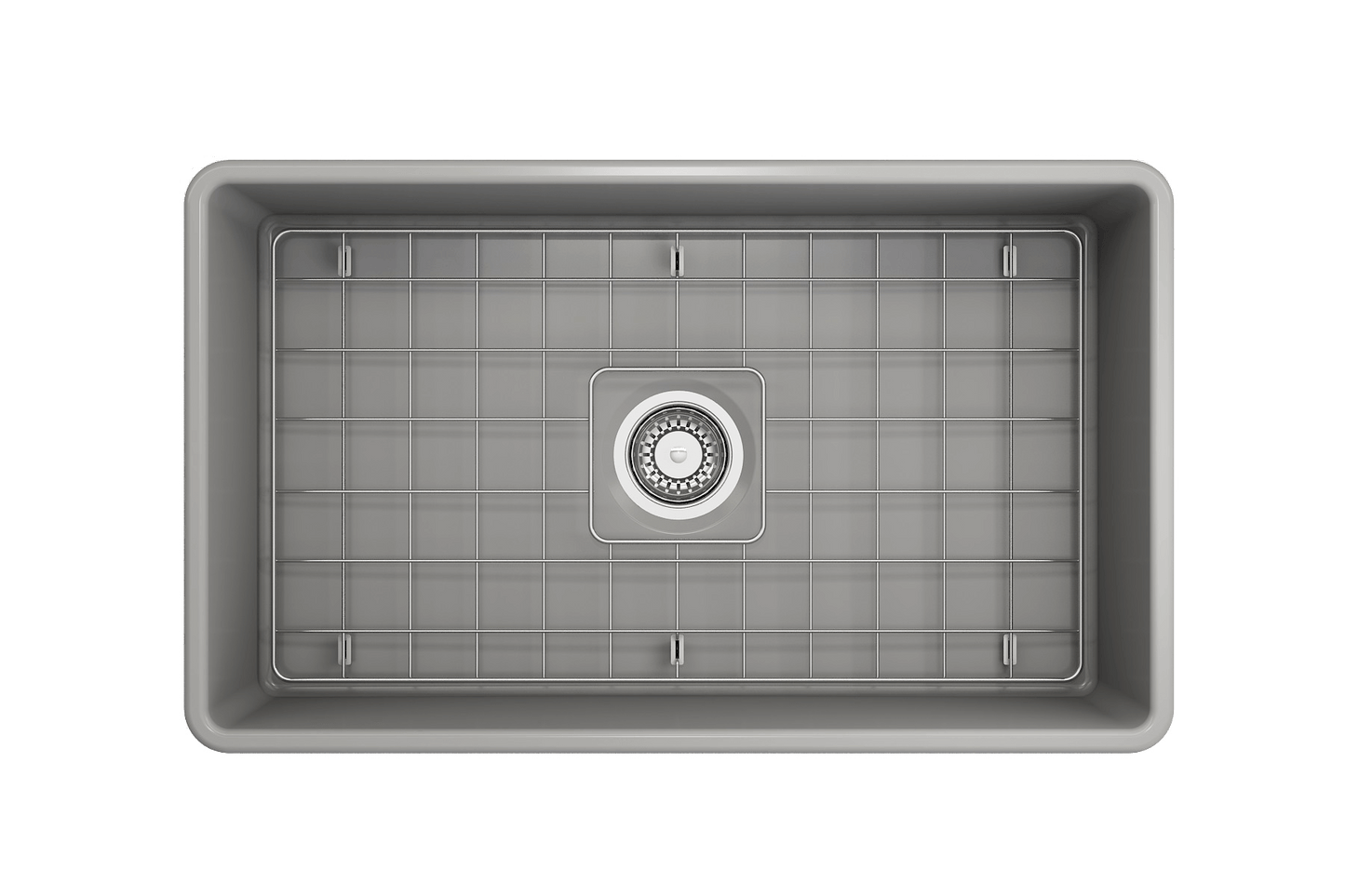 BOCCHI CLASSICO 30" Fireclay Farmhouse Single Bowl Kitchen Sink with Protective Bottom Grid and Strainer, top view in gray.