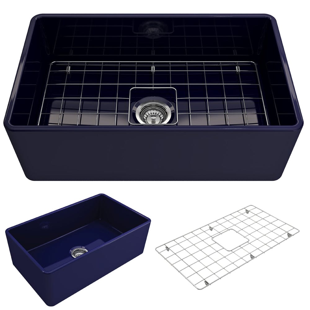 BOCCHI CLASSICO 30" Fireclay Farmhouse Single Bowl Kitchen Sink with Protective Bottom Grid and Strainer in deep navy color, top view.