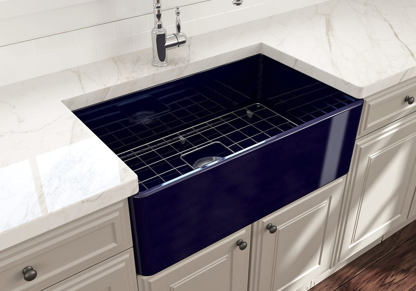 Top view of BOCCHI CLASSICO 30" Fireclay Farmhouse Single Bowl Kitchen Sink with Protective Bottom Grid and Strainer in sapphire blue.