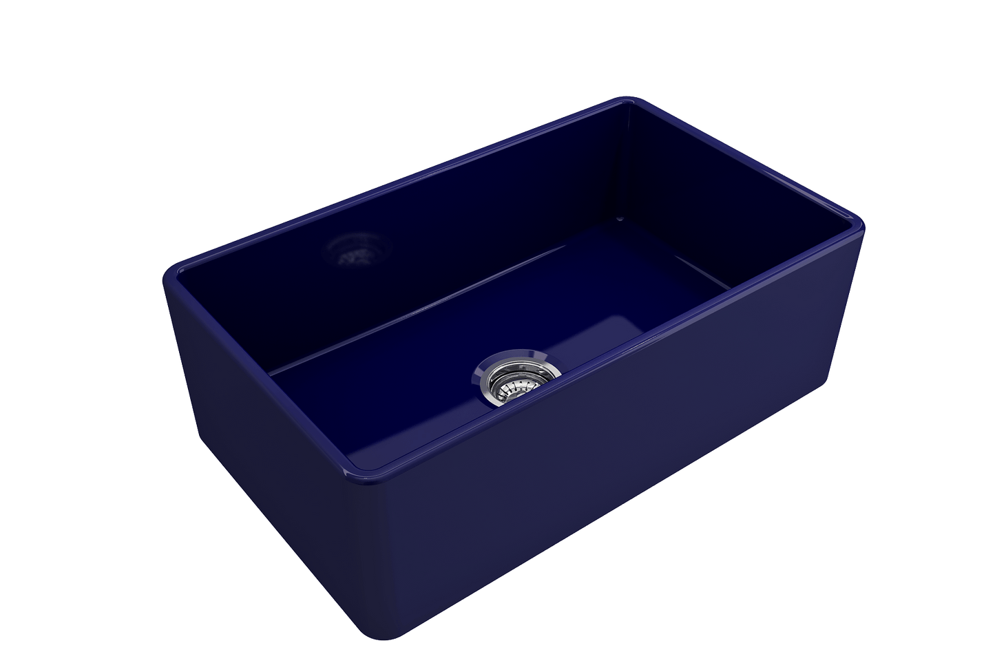 BOCCHI CLASSICO 30" Fireclay Farmhouse Single Bowl Kitchen Sink with Protective Bottom Grid and Strainer in navy blue finish, top view.