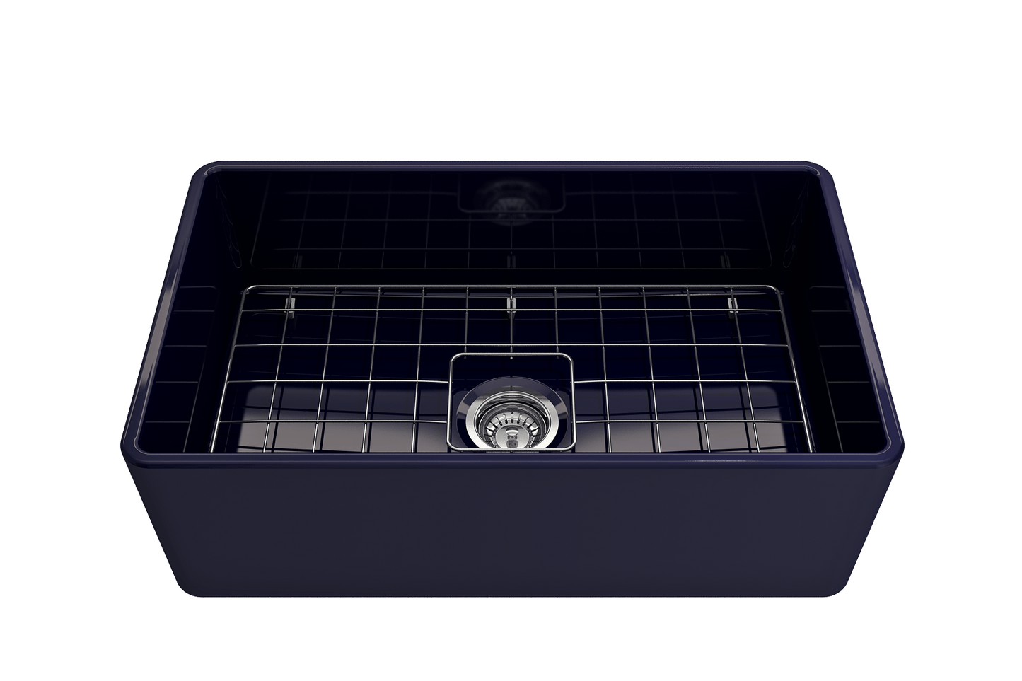 BOCCHI CLASSICO 30" Fireclay Farmhouse Single Bowl Kitchen Sink with Protective Bottom Grid and Strainer in navy