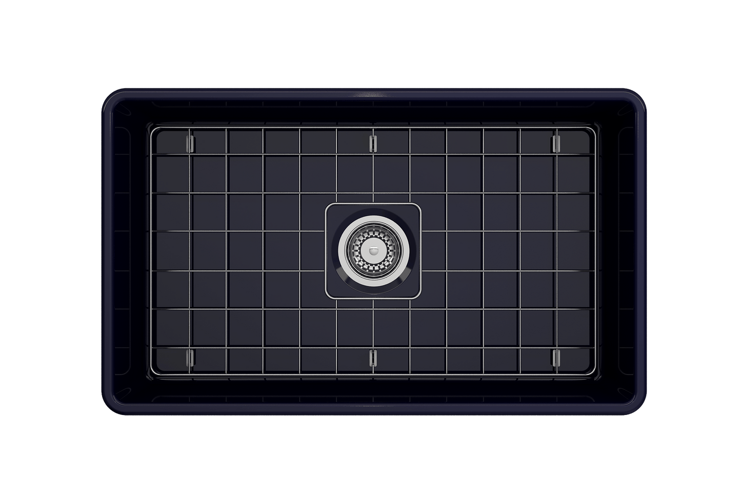 Top view of BOCCHI CLASSICO 30" Fireclay Farmhouse Single Bowl Kitchen Sink with Protective Bottom Grid and Strainer in dark finish.