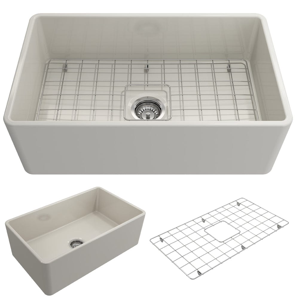 Top view of BOCCHI CLASSICO 30" Fireclay Farmhouse Single Bowl Kitchen Sink with Protective Bottom Grid and Strainer in white color.