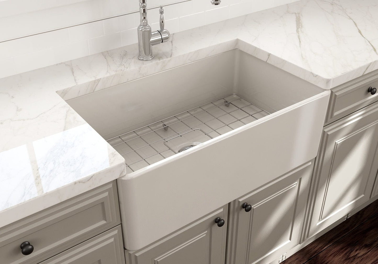 Top view of BOCCHI CLASSICO 30" Fireclay Farmhouse Single Bowl Kitchen Sink with Protective Bottom Grid and Strainer.