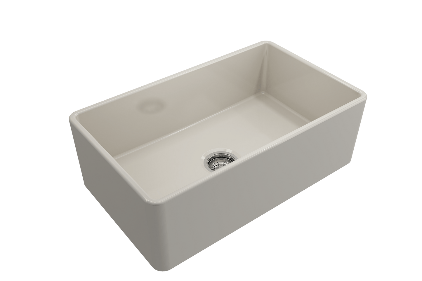 BOCCHI CLASSICO 30" Fireclay Farmhouse Single Bowl Kitchen Sink with Protective Bottom Grid and Strainer, right side view.