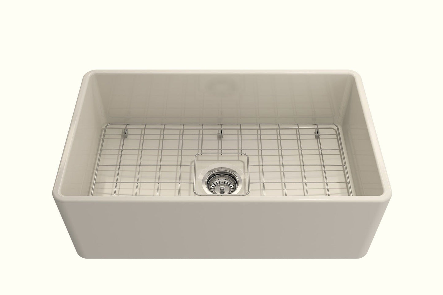Top view of BOCCHI CLASSICO 30" Fireclay Farmhouse Single Bowl Kitchen Sink with Protective Bottom Grid and Strainer.