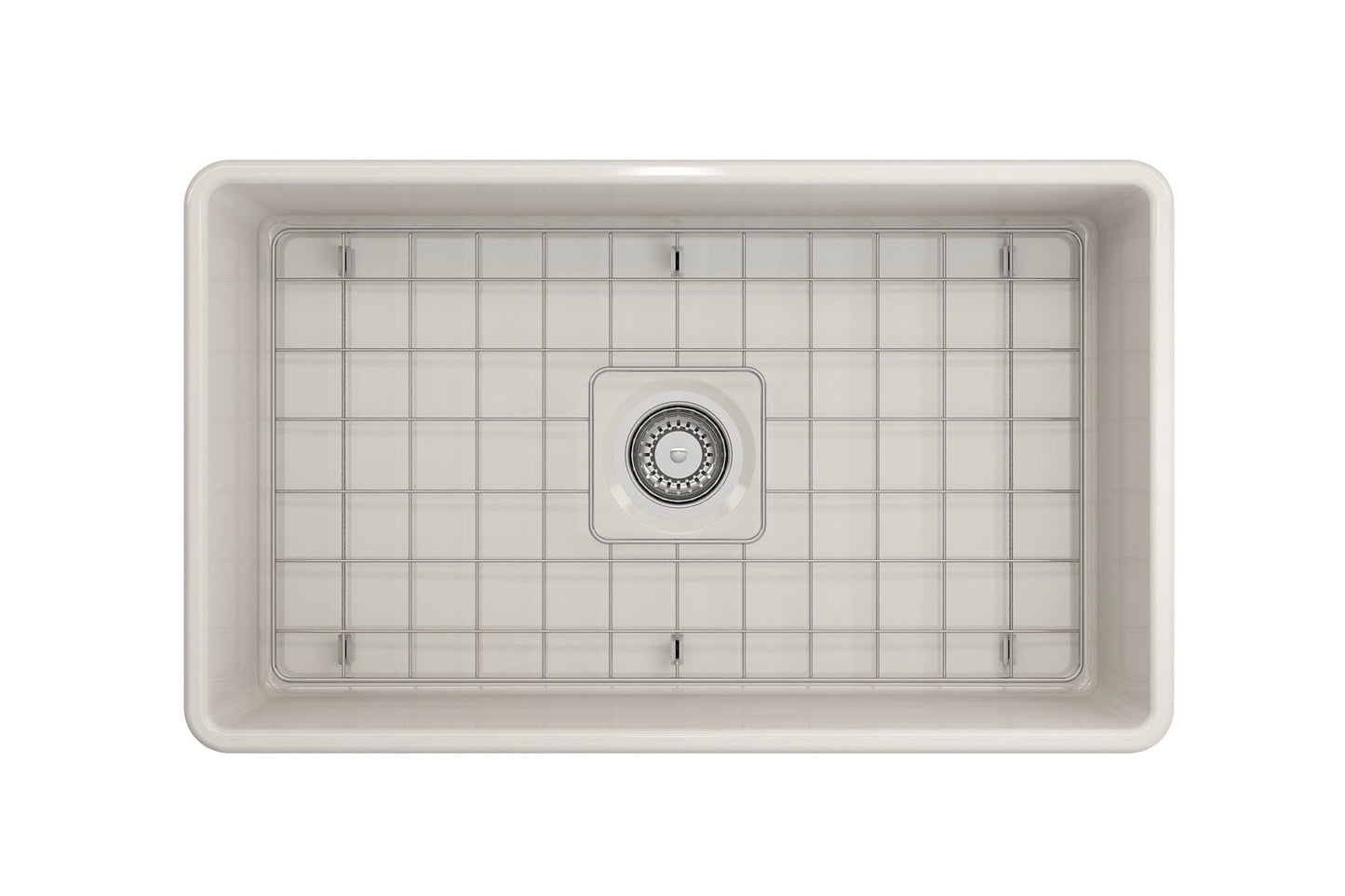 Top view of BOCCHI CLASSICO 30" Fireclay Farmhouse Single Bowl Kitchen Sink with Protective Bottom Grid and Strainer.