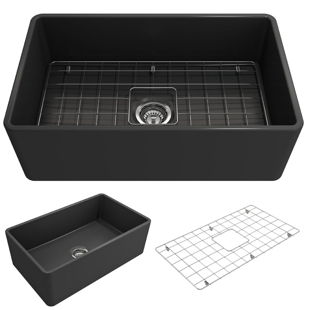 Top view of BOCCHI CLASSICO 30" Fireclay Farmhouse Single Bowl Kitchen Sink with Protective Bottom Grid and Strainer in matte black finish.