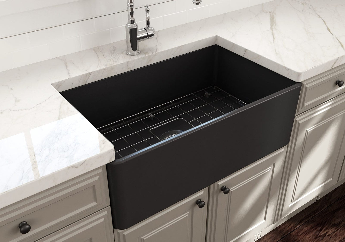 BOCCHI CLASSICO 30" Fireclay Farmhouse Single Bowl Kitchen Sink with Protective Bottom Grid and Strainer, matte dark gray close-up view