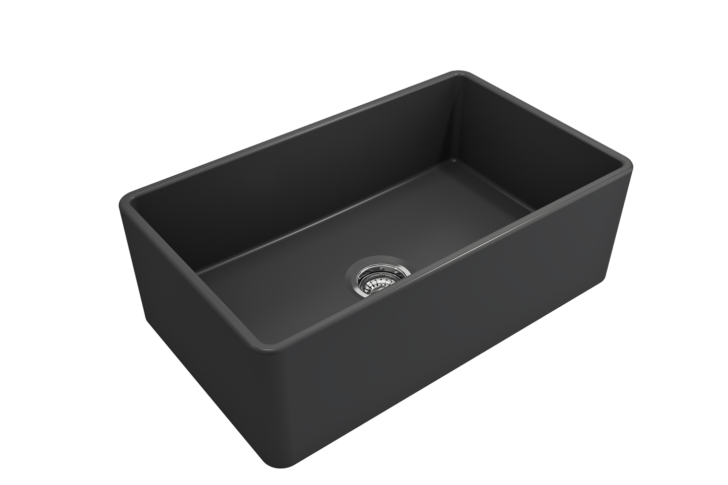 BOCCHI CLASSICO 30" Fireclay Farmhouse Single Bowl Kitchen Sink with Protective Bottom Grid and Strainer in matte black finish, right side angle.