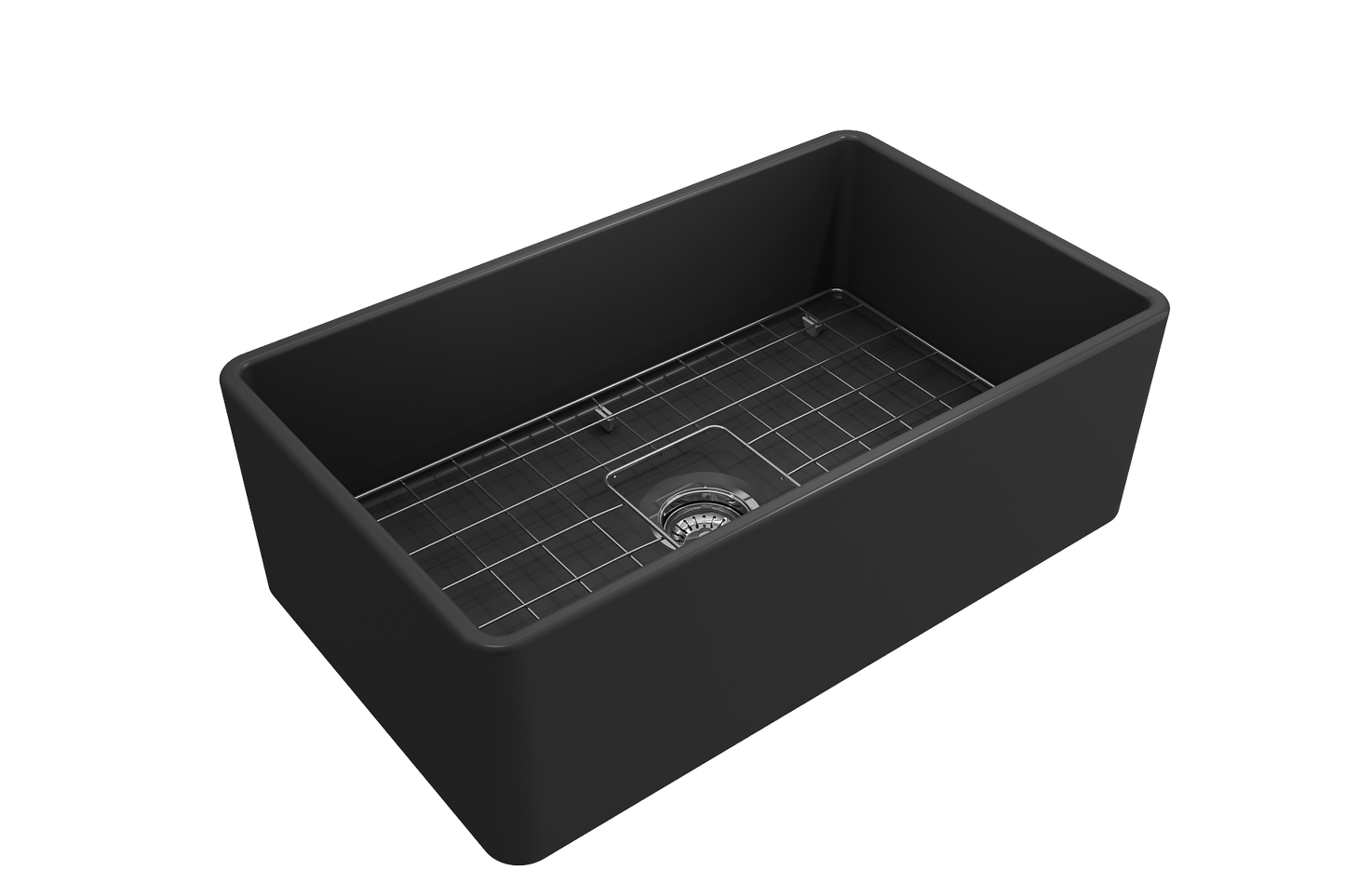 BOCCHI CLASSICO 30" Fireclay Farmhouse Single Bowl Kitchen Sink with Protective Bottom Grid and Strainer, right side view in black finish.