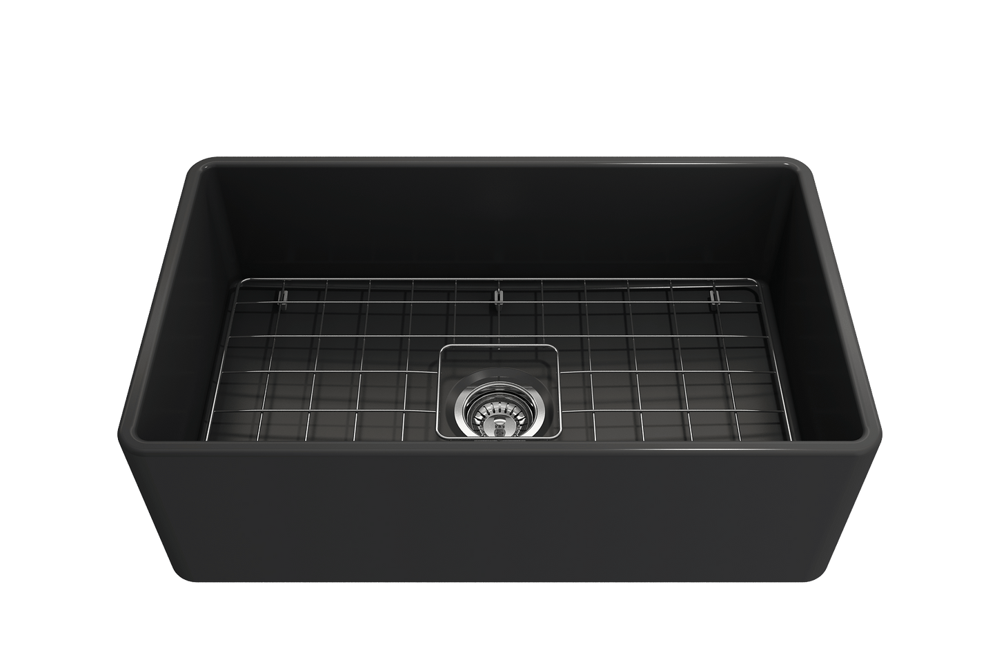 Top view of BOCCHI CLASSICO 30" Fireclay Farmhouse Single Bowl Kitchen Sink with Protective Bottom Grid and Strainer in black.