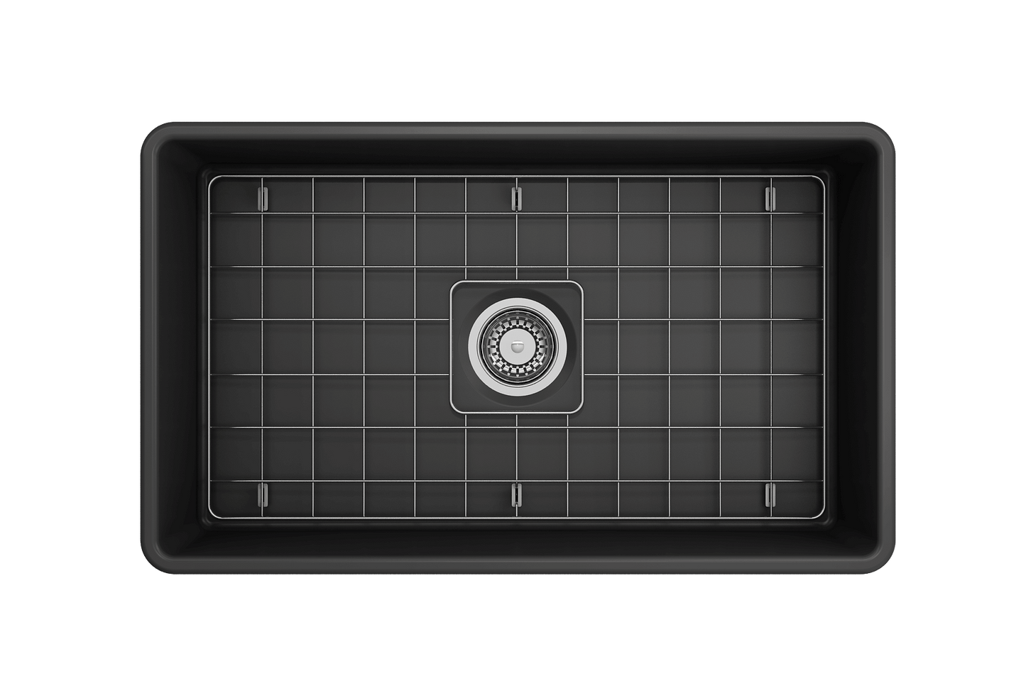 BOCCHI CLASSICO 30" Fireclay Farmhouse Single Bowl Kitchen Sink with Protective Bottom Grid and Strainer - top view in black finish
