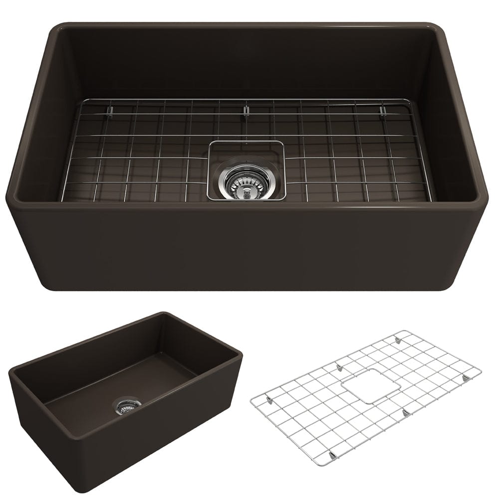 BOCCHI CLASSICO 30" Fireclay Farmhouse Single Bowl Kitchen Sink with Protective Bottom Grid and Strainer, dark brown finish, top view.