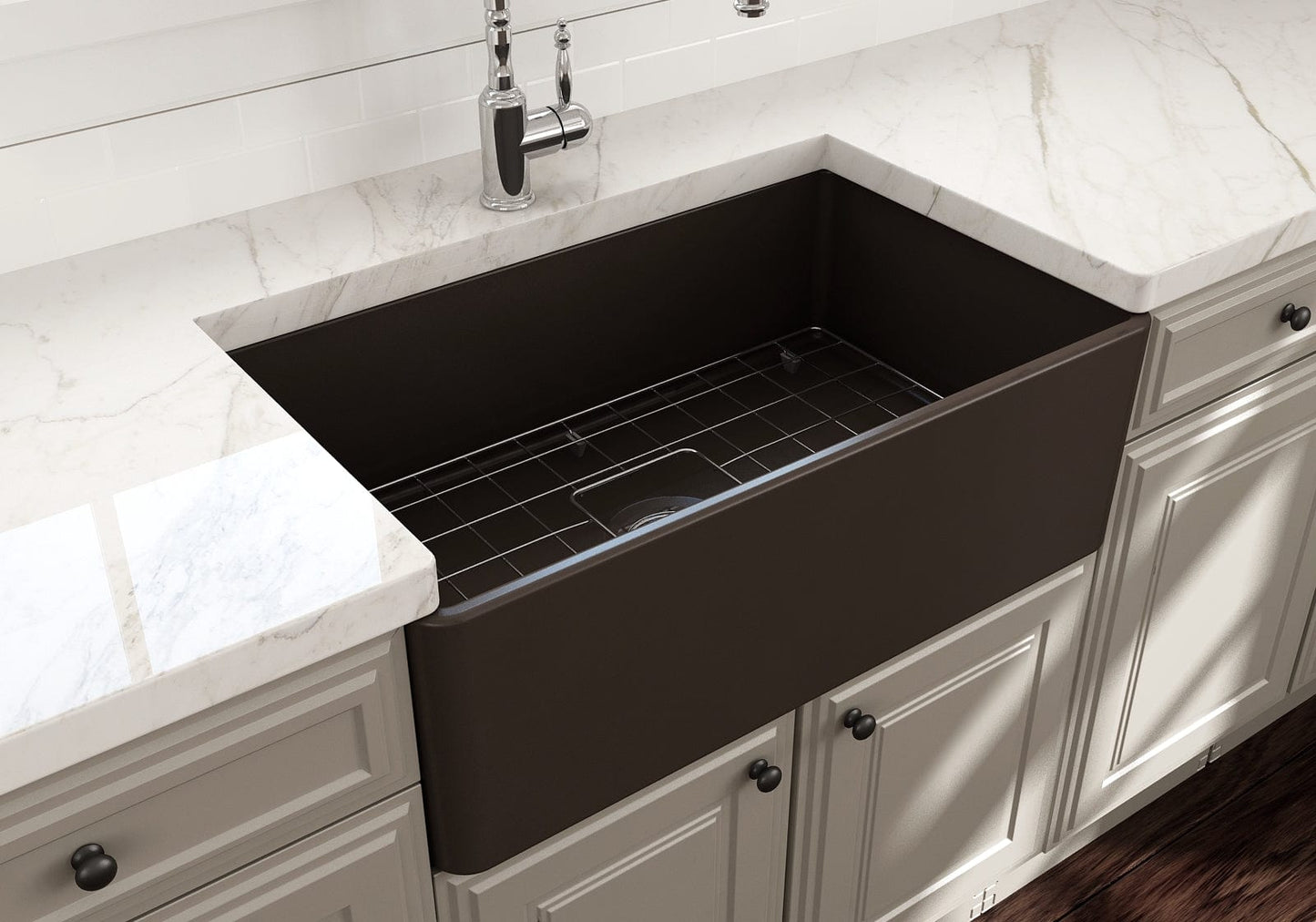 Top view of BOCCHI CLASSICO 30" Fireclay Farmhouse Single Bowl Kitchen Sink with Protective Bottom Grid and Strainer in Matte Brown.
