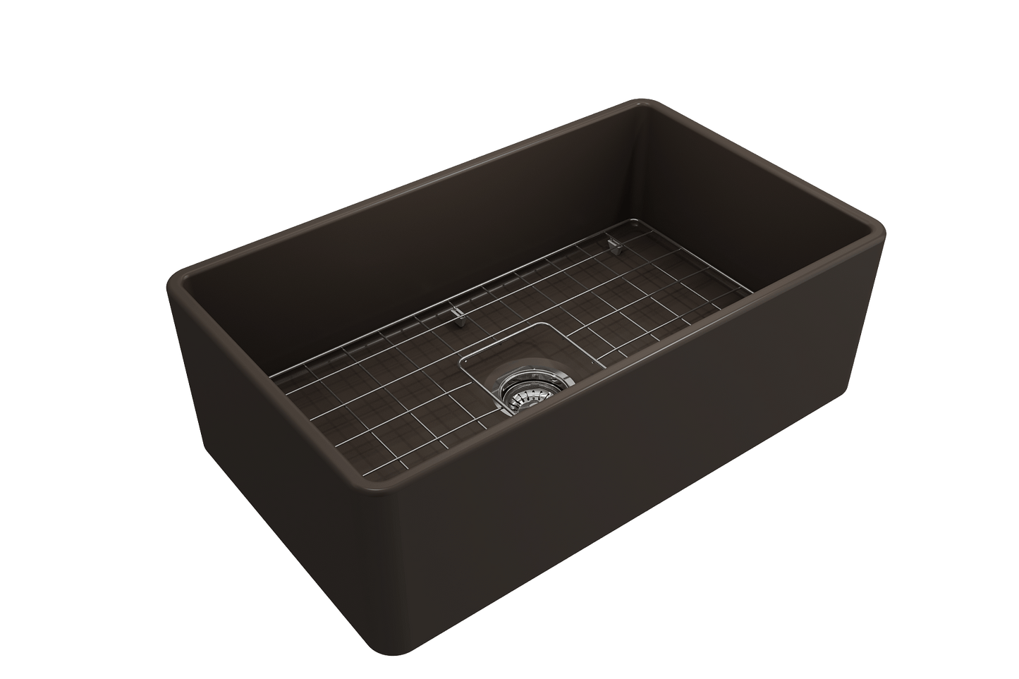 BOCCHI CLASSICO 30" Fireclay Farmhouse Single Bowl Kitchen Sink with Protective Bottom Grid and Strainer in dark finish, right side view.