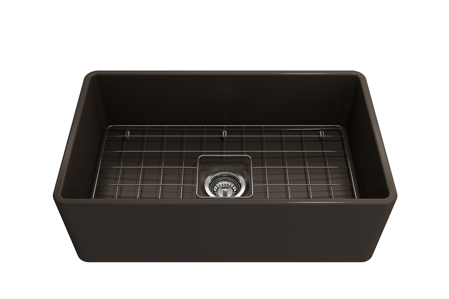 BOCCHI CLASSICO 30" Fireclay Farmhouse Single Bowl Kitchen Sink with Protective Bottom Grid and Strainer top view in brown finish.