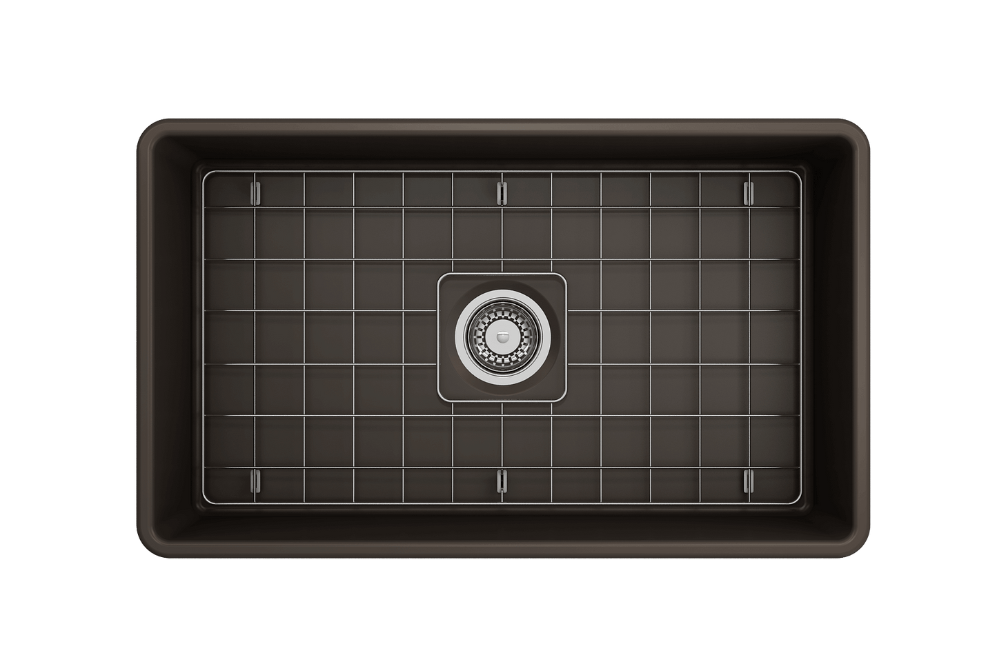Top view of BOCCHI CLASSICO 30" Fireclay Farmhouse Single Bowl Kitchen Sink with Protective Bottom Grid and Strainer in dark color.