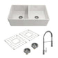 BOCCHI CLASSICO 33" Double Bowl Fireclay Kitchen Sink w/ Grids, Strainers & Livenza Faucet - White Sink and Chrome Faucet