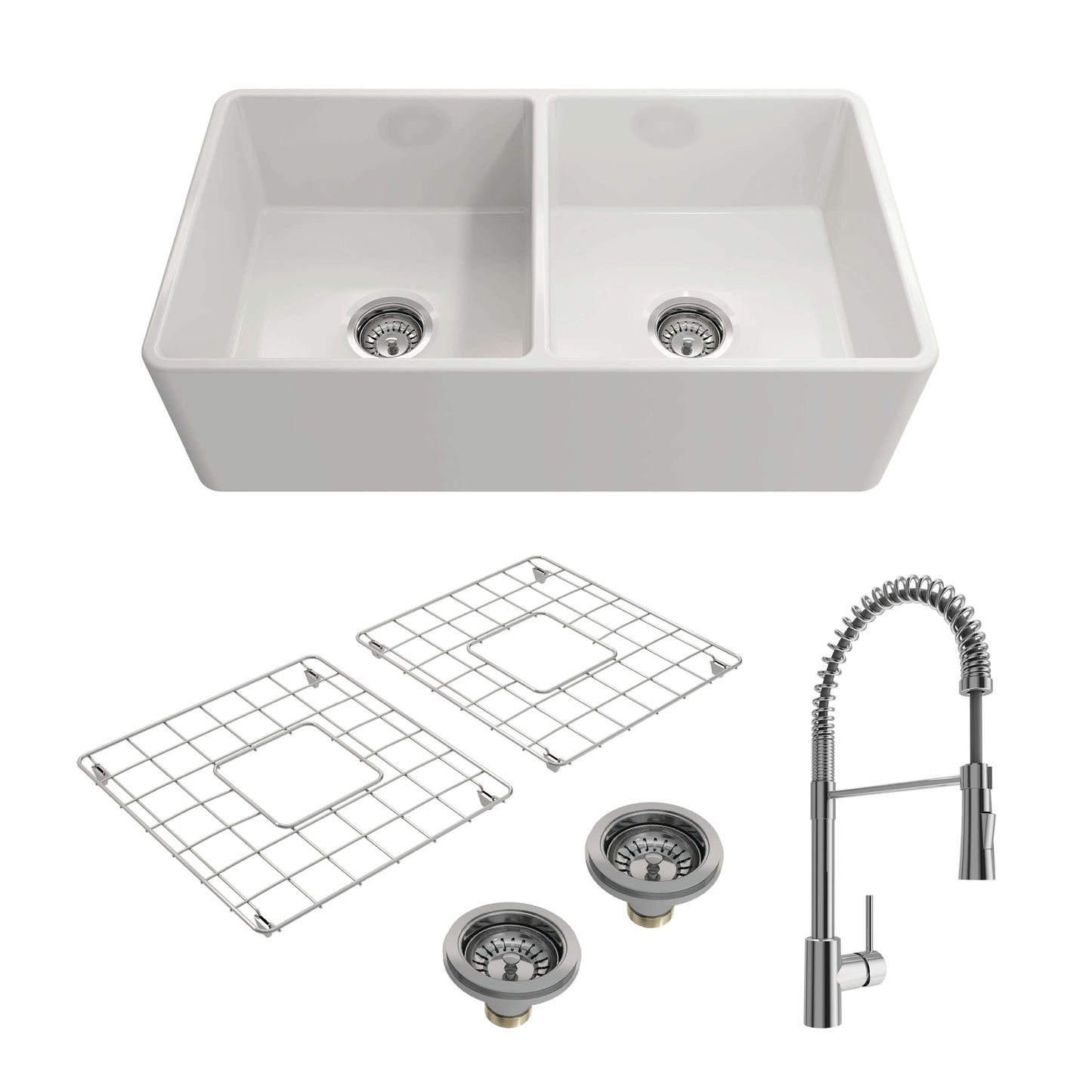 BOCCHI CLASSICO 33" Double Bowl Fireclay Kitchen Sink w/ Grids, Strainers & Livenza Faucet - White Sink and Chrome Faucet